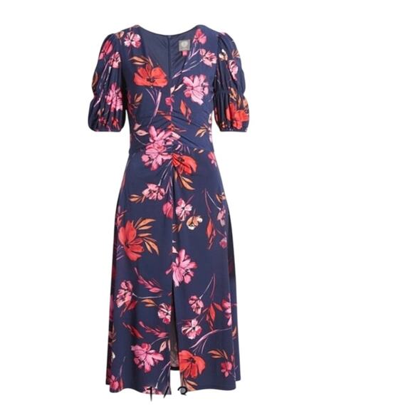 Vince Camuto Floral V-Neck‎ Midi Dress Size 4 Navy Pink Ruched Feminine Romantic - Picture 2 of 15